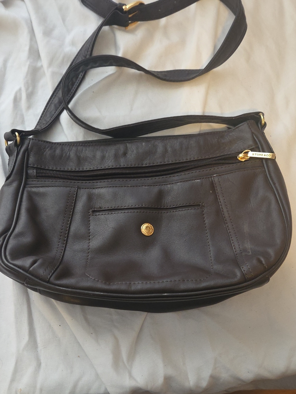 Stone & Co. Dark Brown Leather Crossbody Bag with Gold Hardware